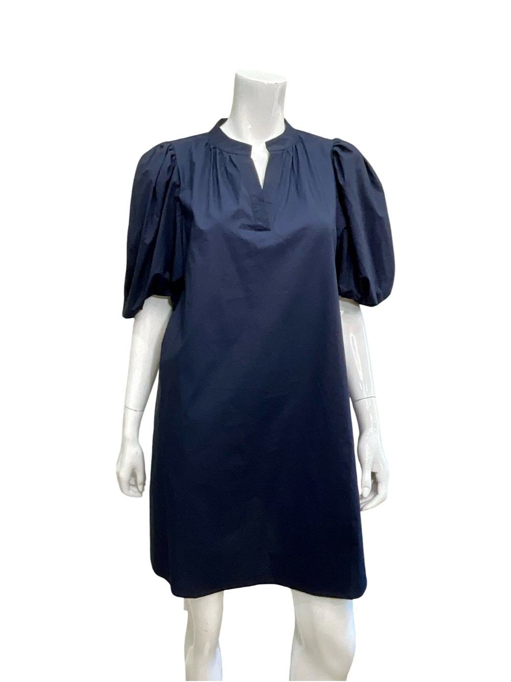 NICOLE MILLER Navy Puff Sleeve Mini Dress A-Line Split Neck M Pockets